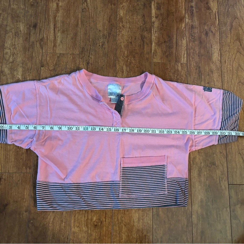 Vintage Unionbay Pink / Olive striped short polo M